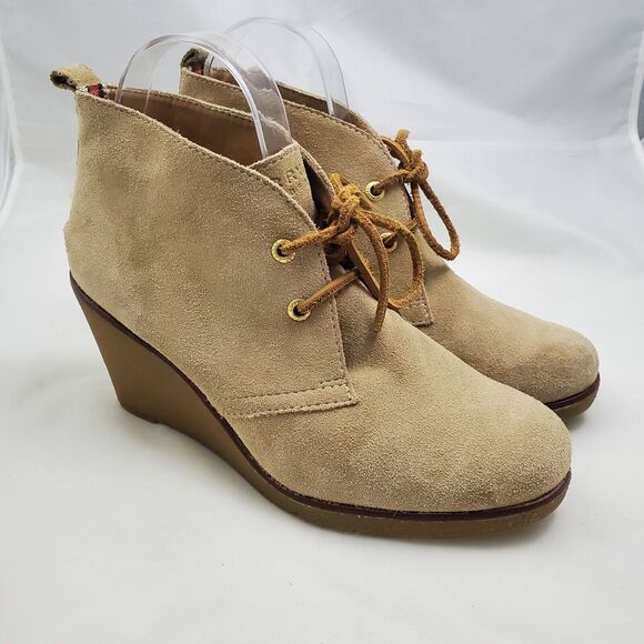 Sperry Top Sider Women's Shoes 9 Beige Harlow Wedge Lace Up Bootie Suede - Picture 1 of 10